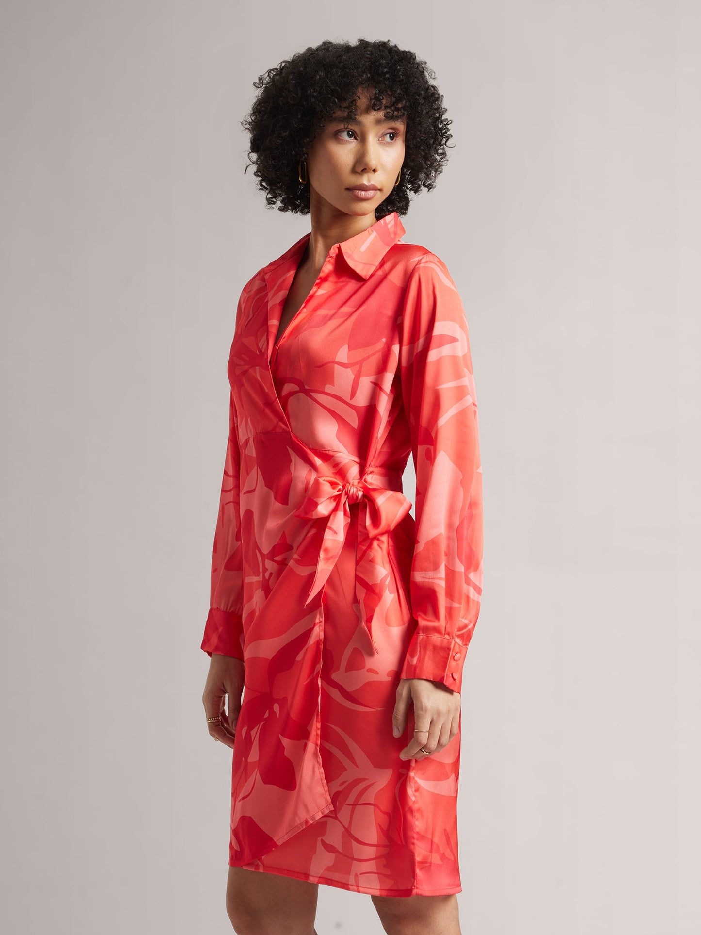 Coral Satin Abstract Wrap Dress