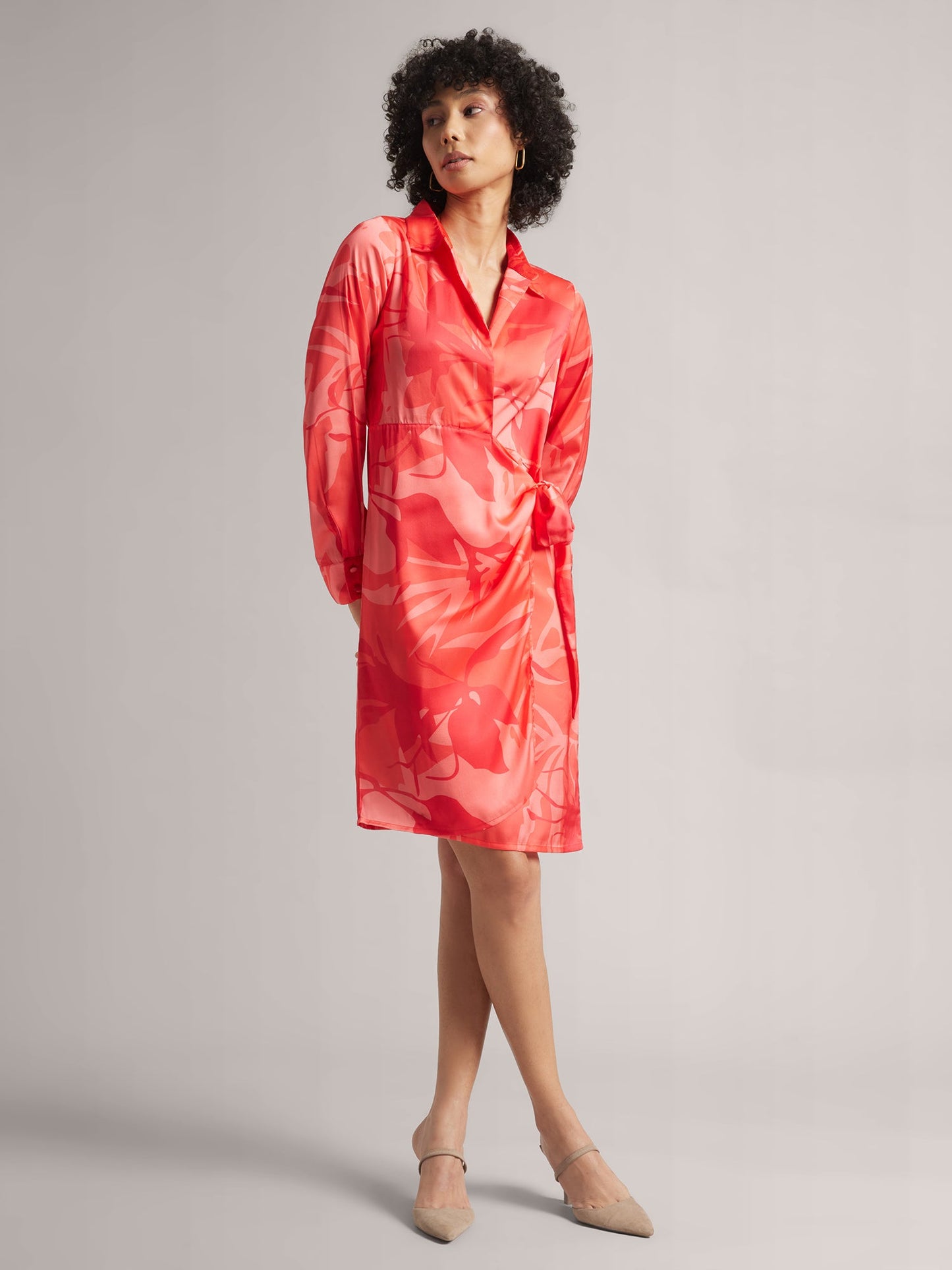 Coral Satin Abstract Wrap Dress