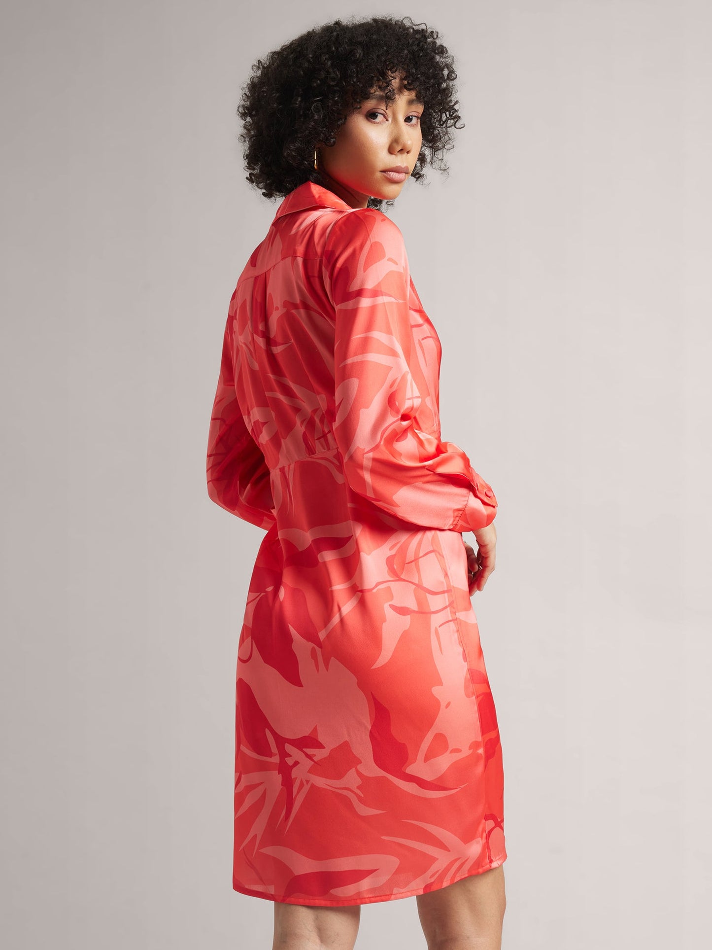 Coral Satin Abstract Wrap Dress