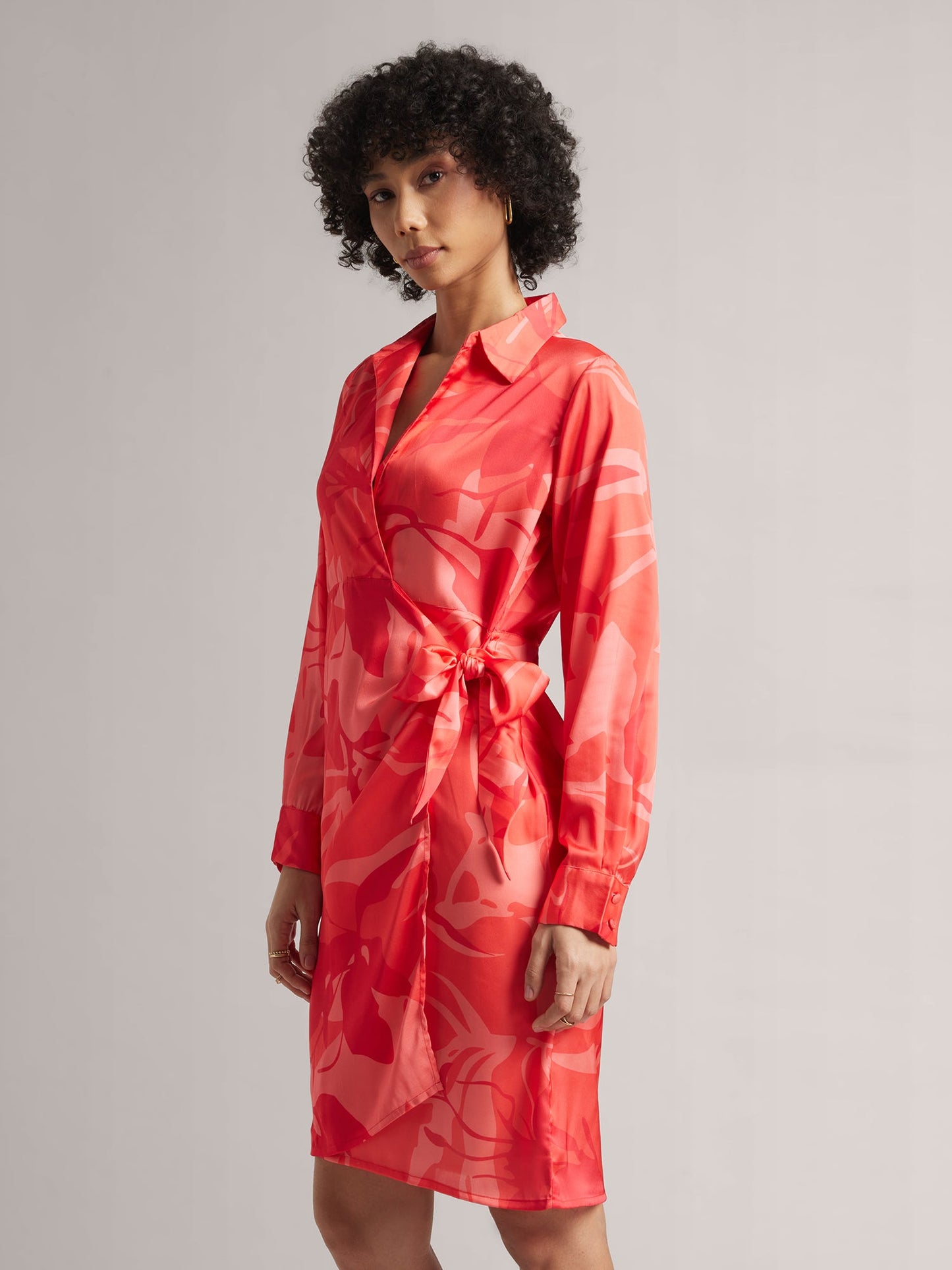 Coral Satin Abstract Wrap Dress
