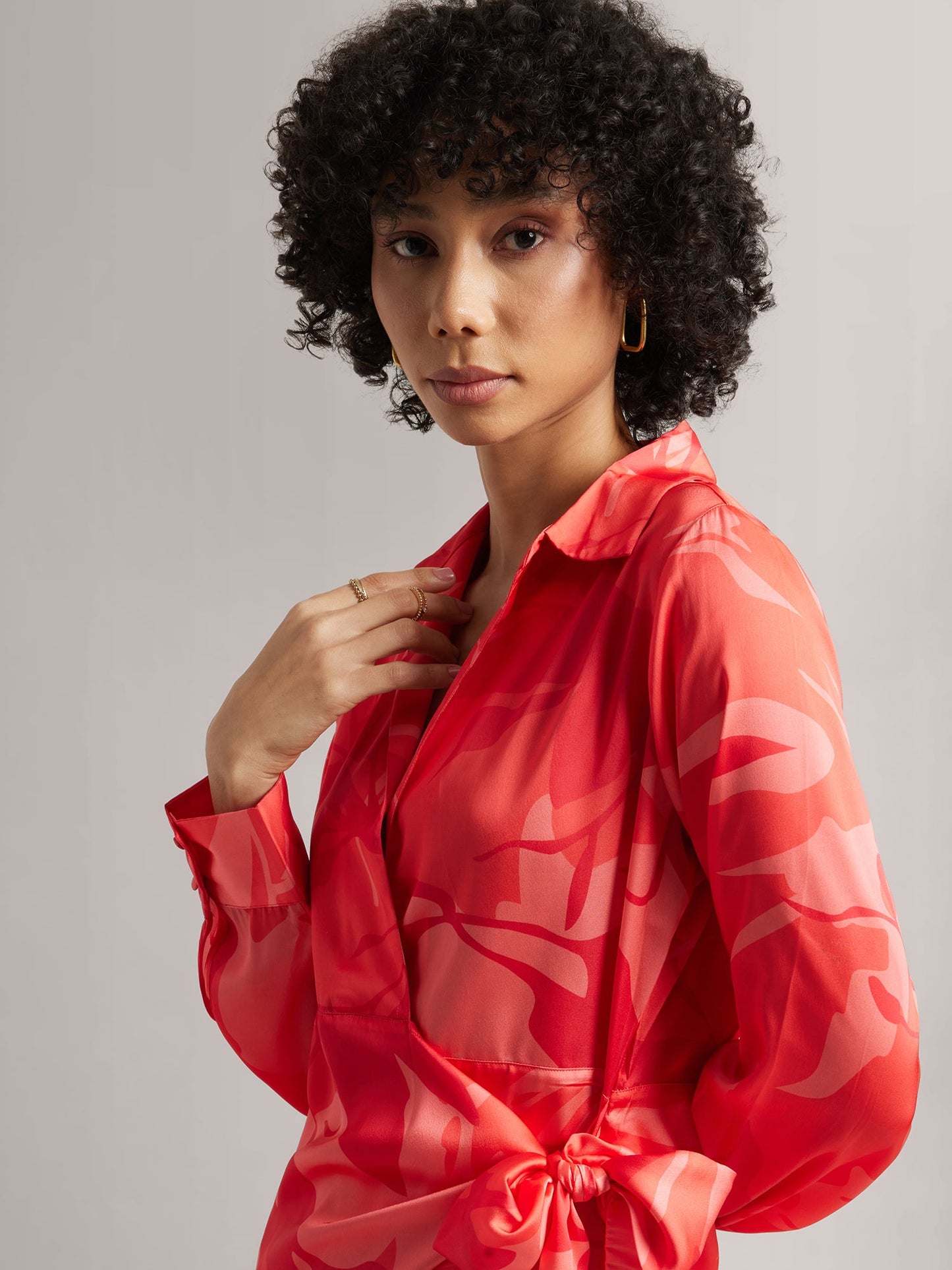 Coral Satin Abstract Wrap Dress
