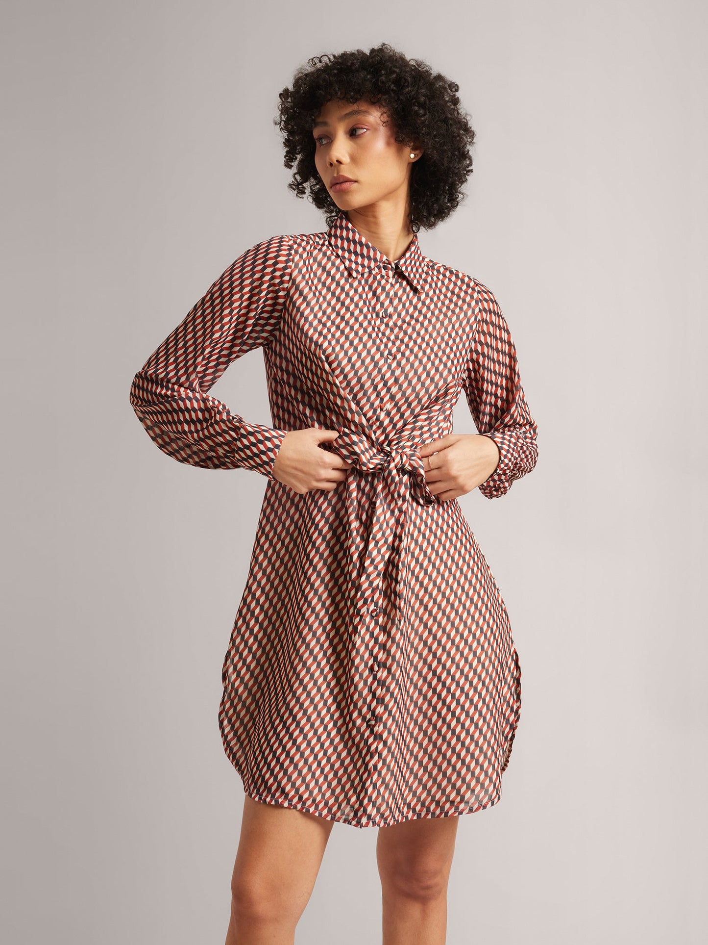 Brown Georgette Geometric Button Down Dress
