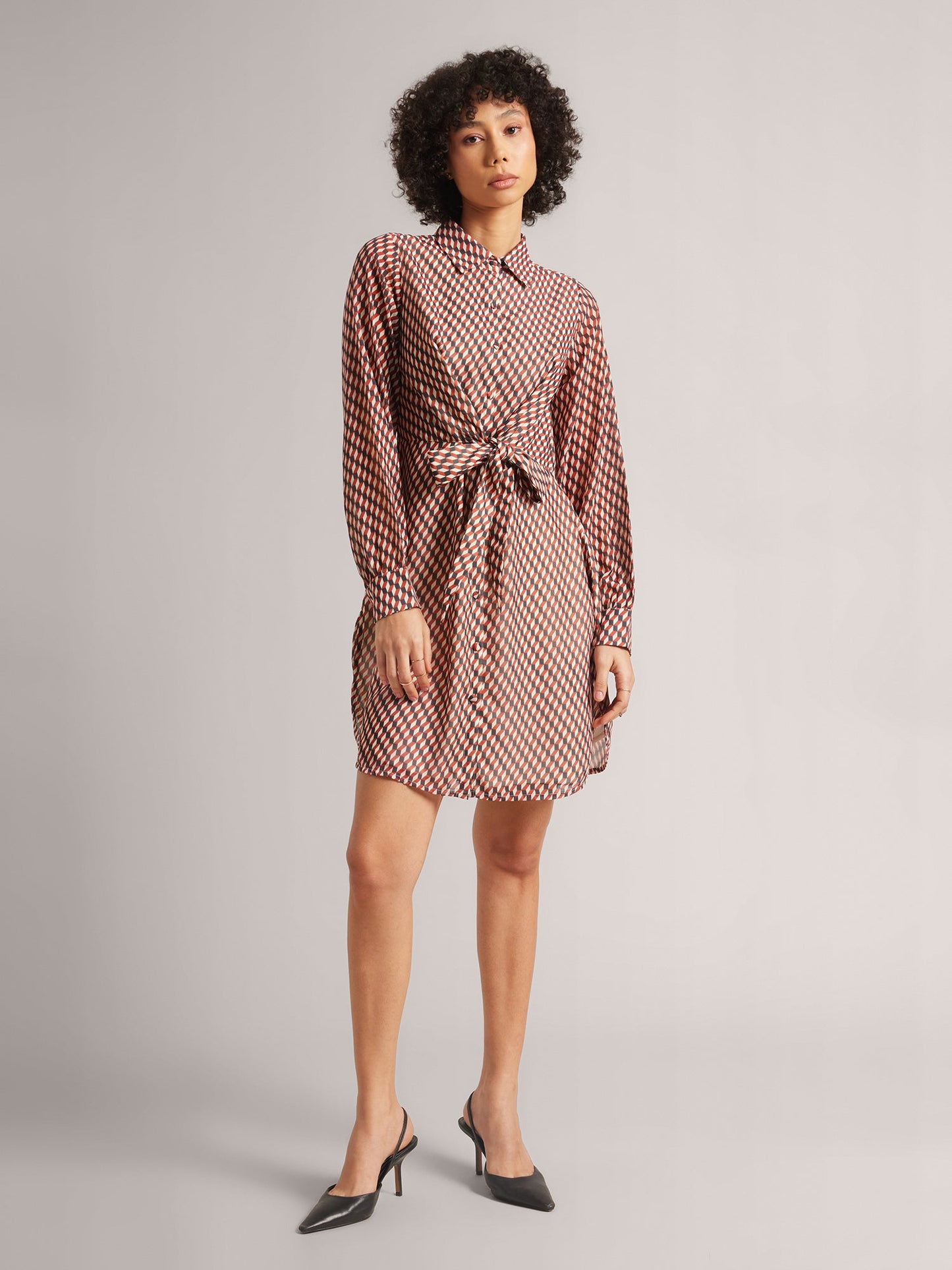 Brown Georgette Geometric Button Down Dress