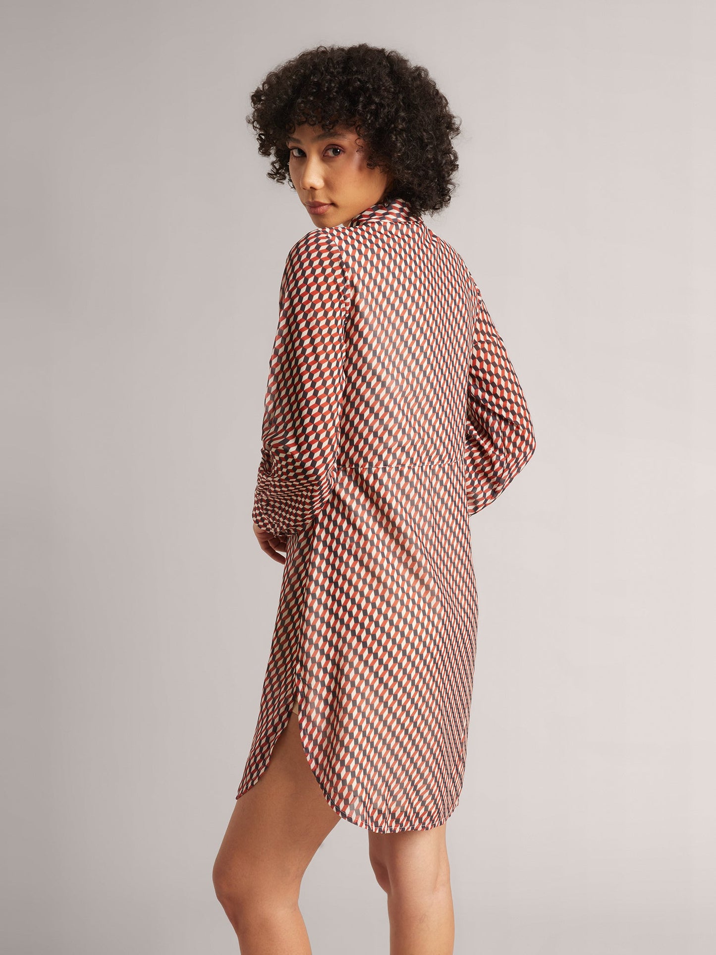 Brown Georgette Geometric Button Down Dress