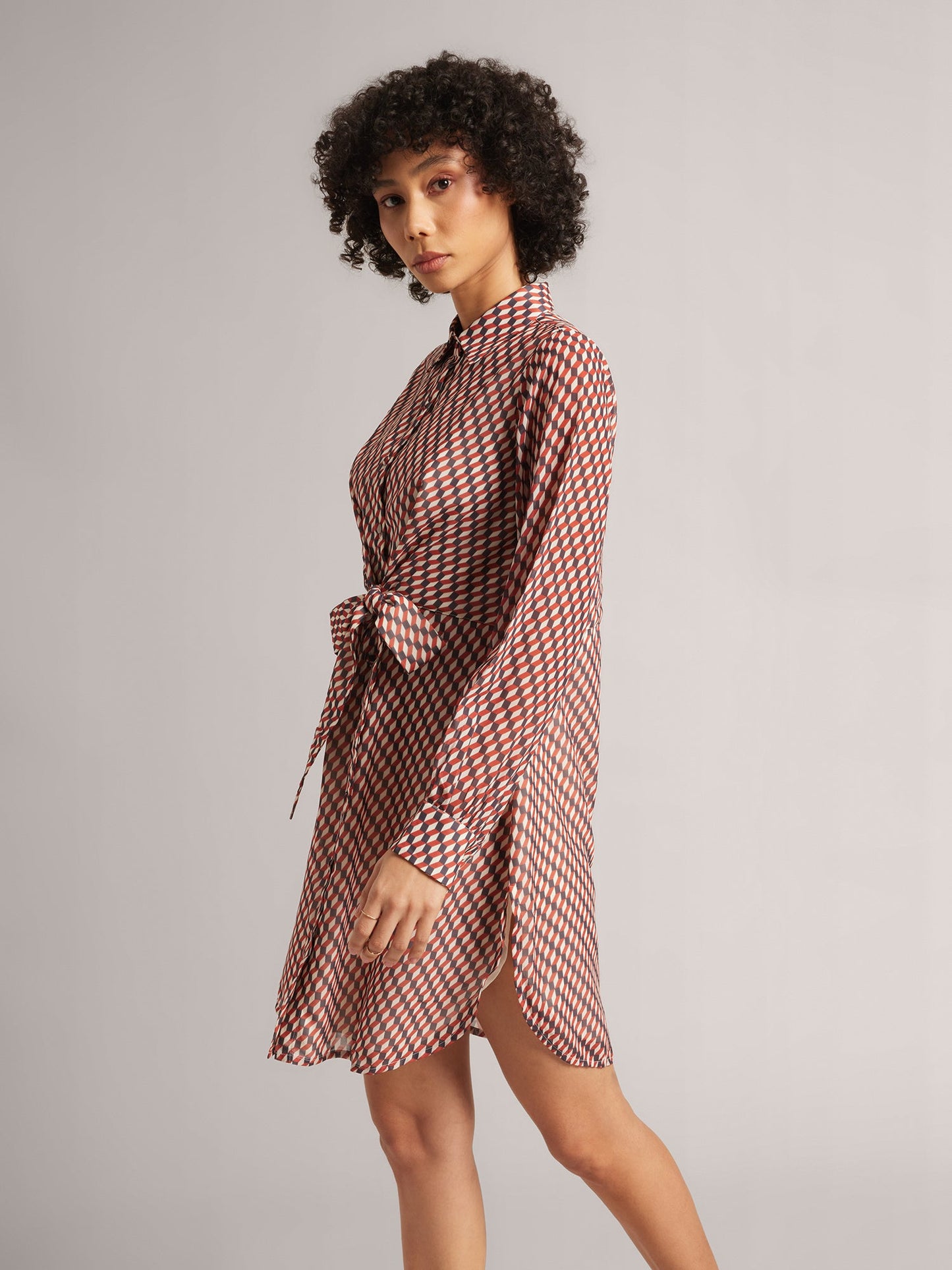 Brown Georgette Geometric Button Down Dress