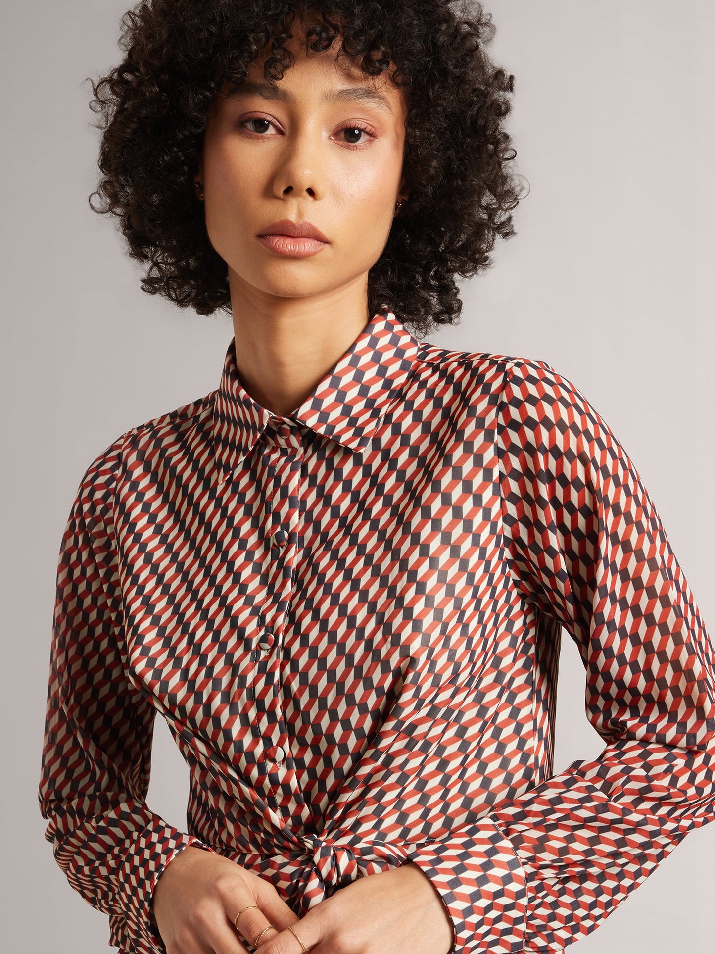 Brown Georgette Geometric Button Down Dress
