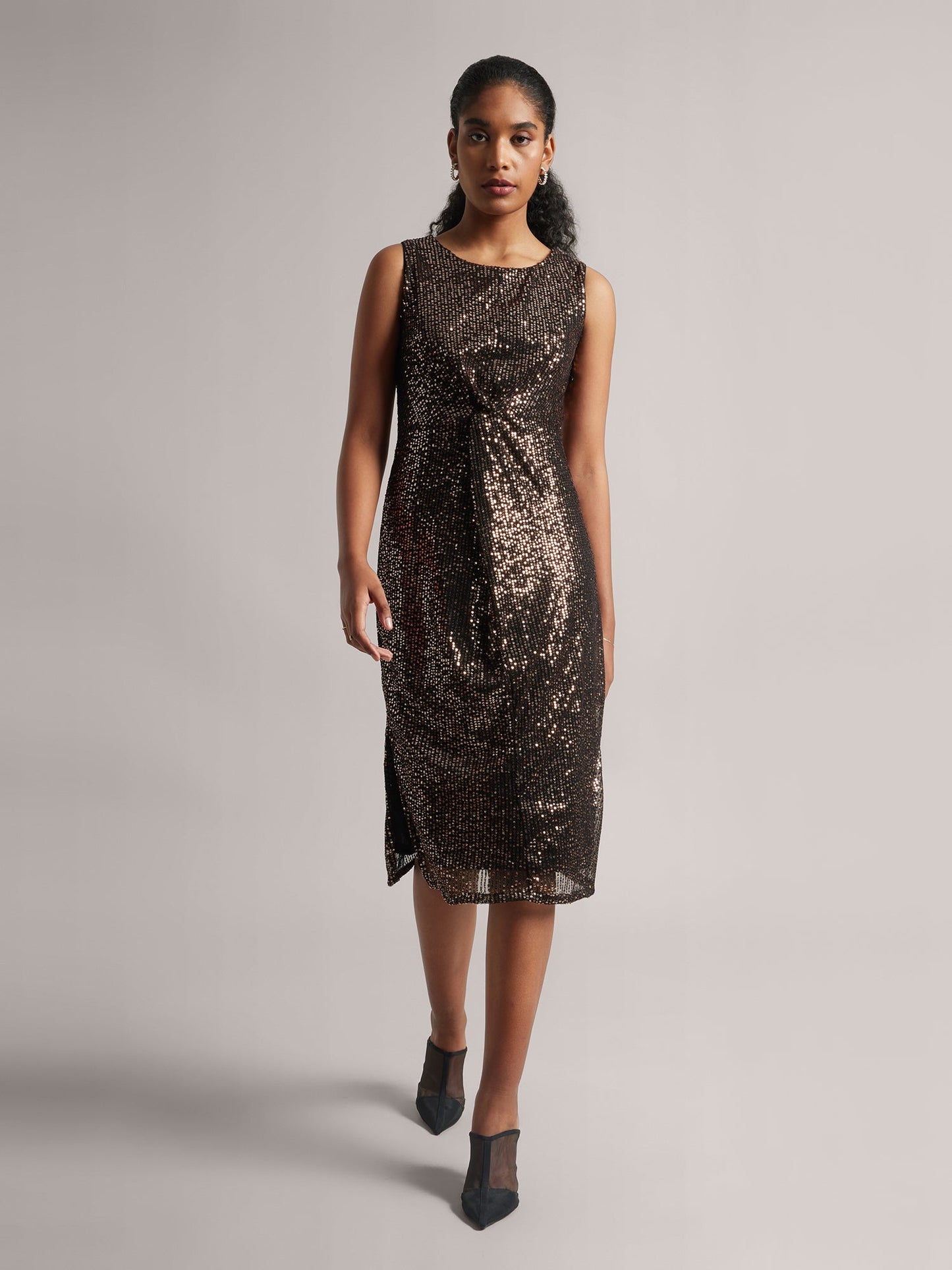 Black Poly Elastane Sequined A-Line Dress