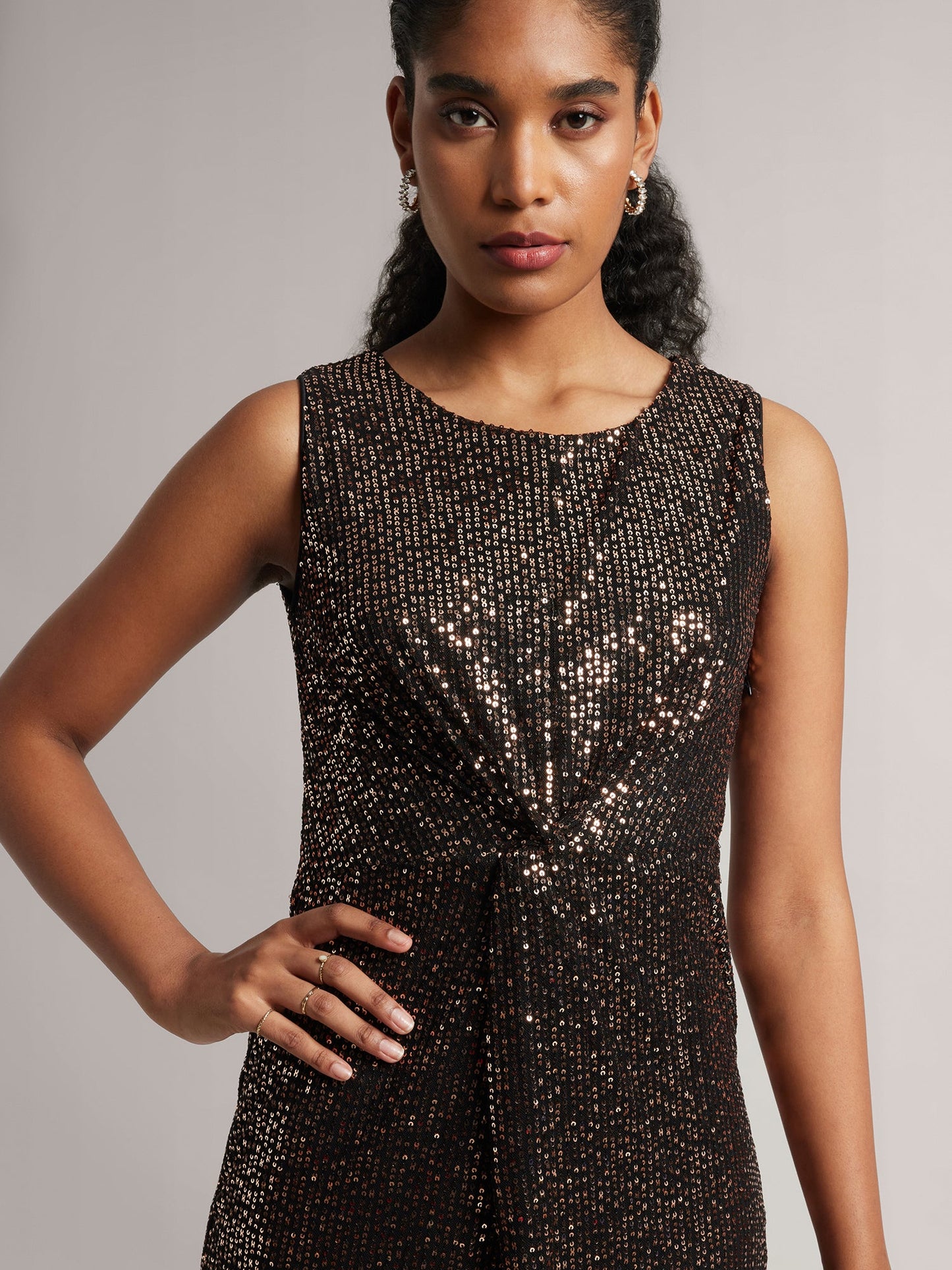 Black Poly Elastane Sequined A-Line Dress