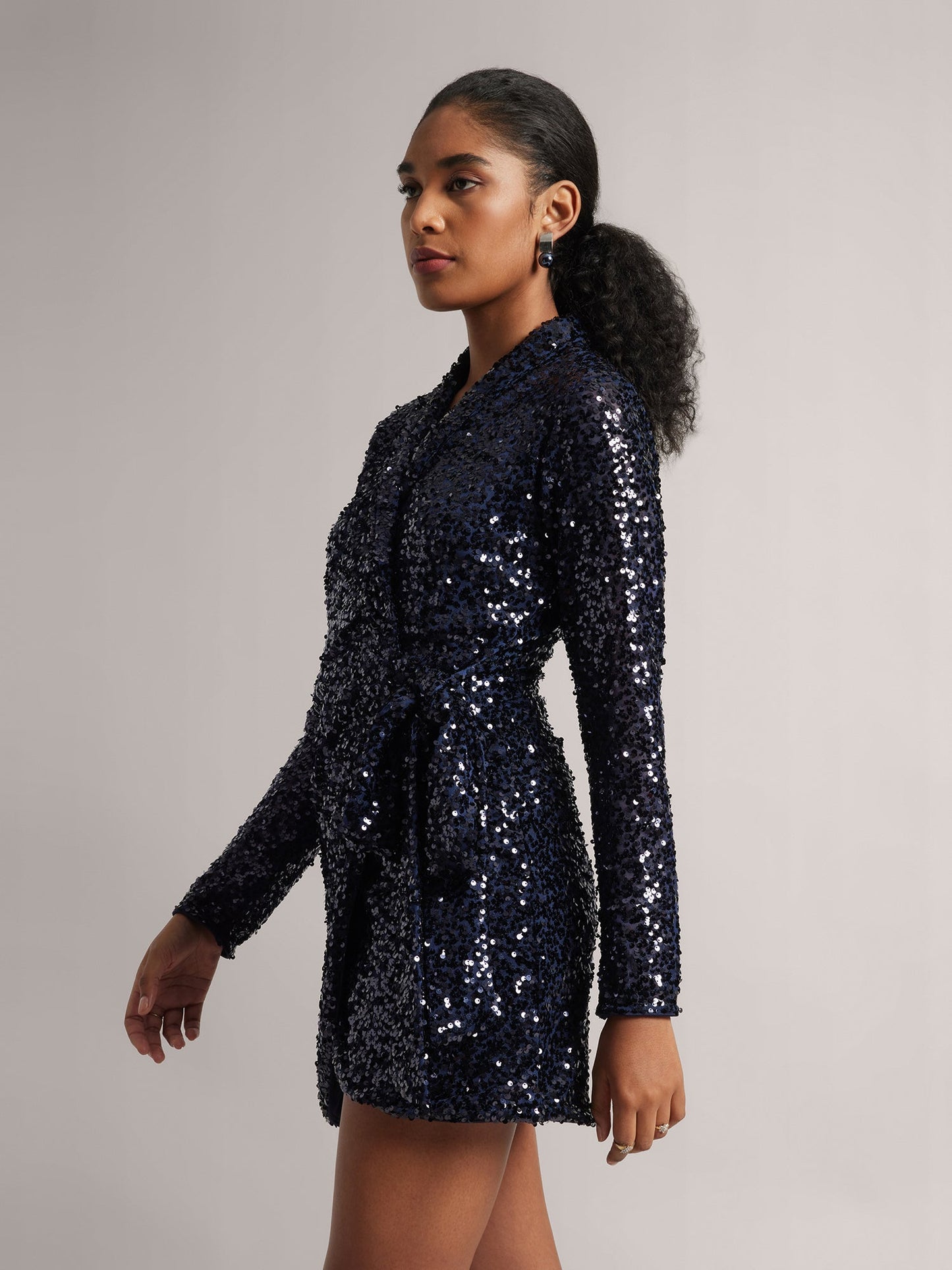 Navy Blue Poly Elastane Sequined Wrap Dress