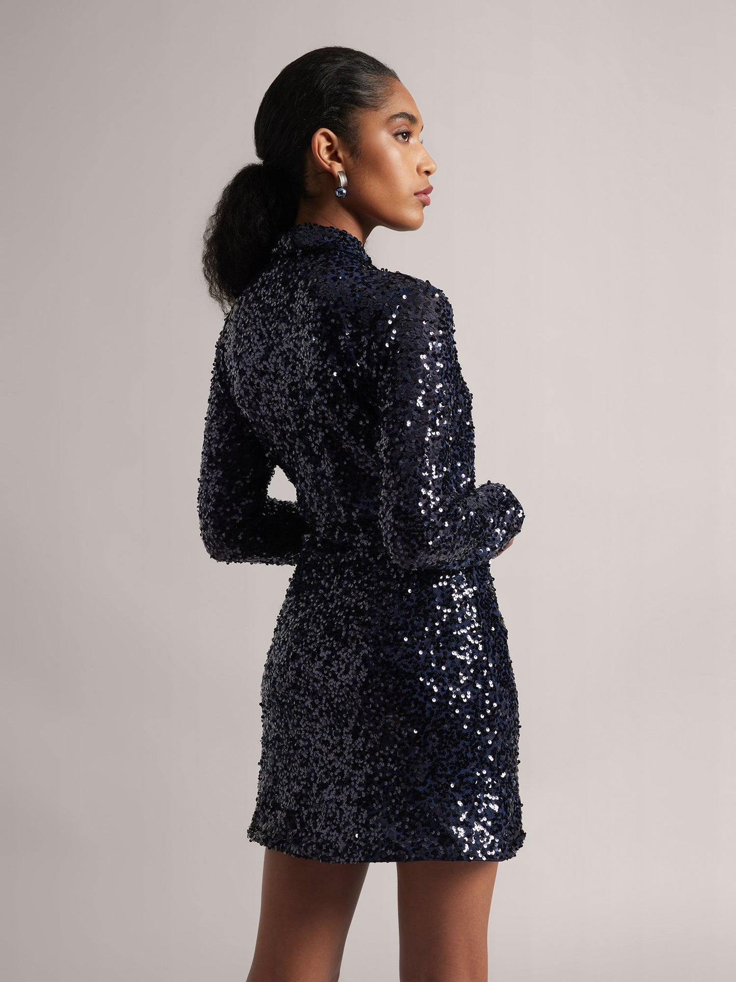 Navy Blue Poly Elastane Sequined Wrap Dress