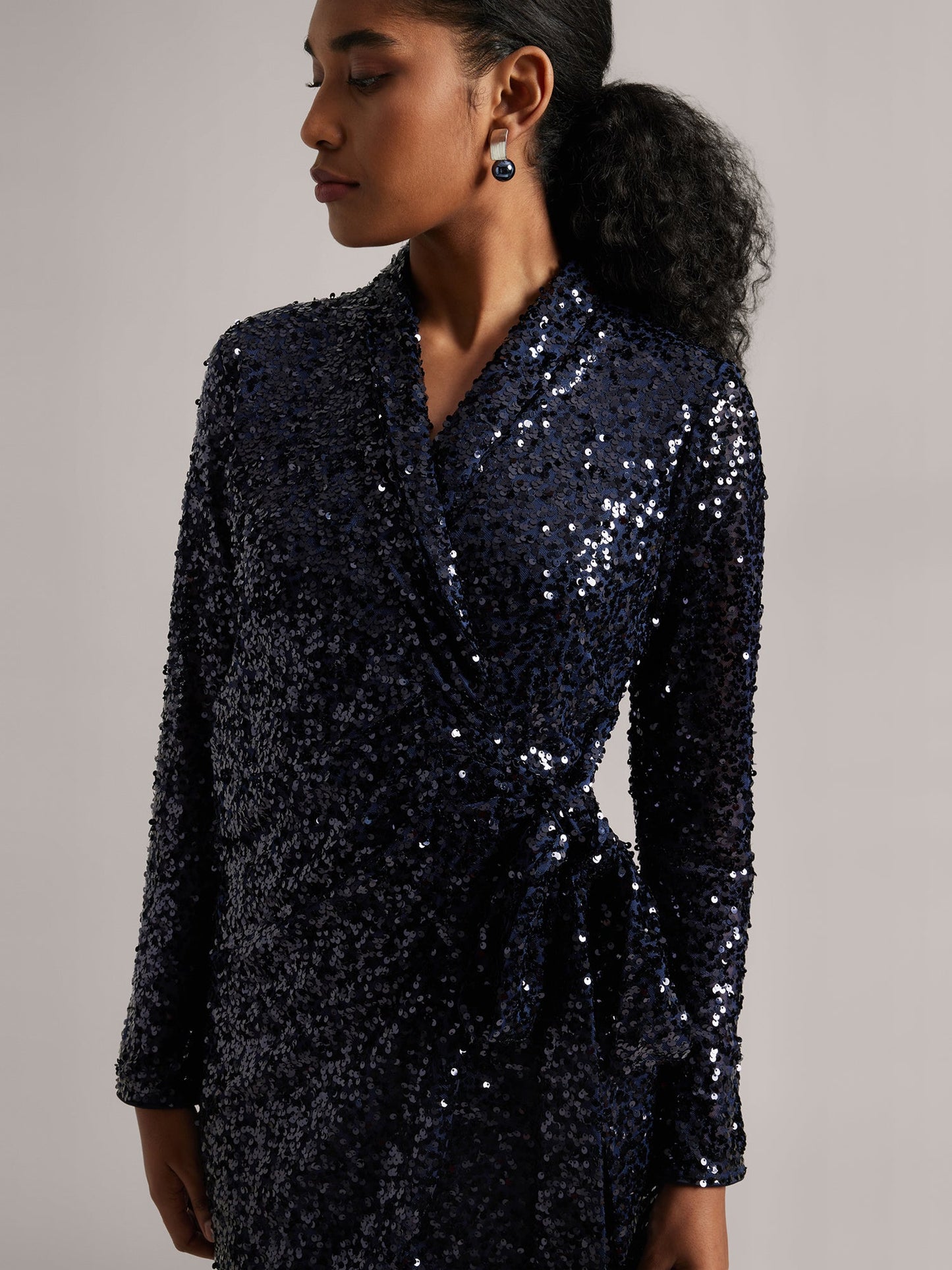 Navy Blue Poly Elastane Sequined Wrap Dress