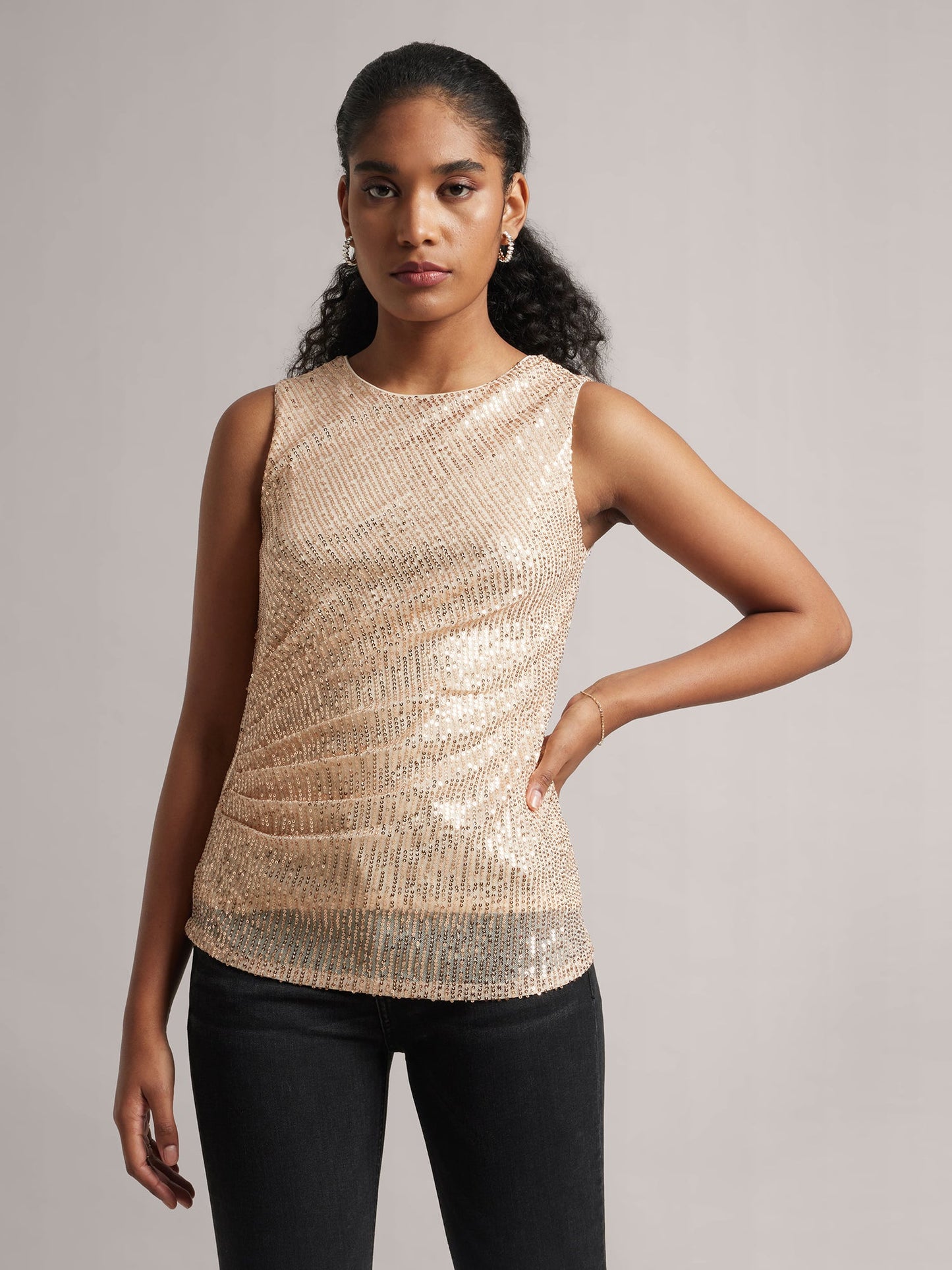 Champagne Poly Elastane Sequined Side Pleated Top