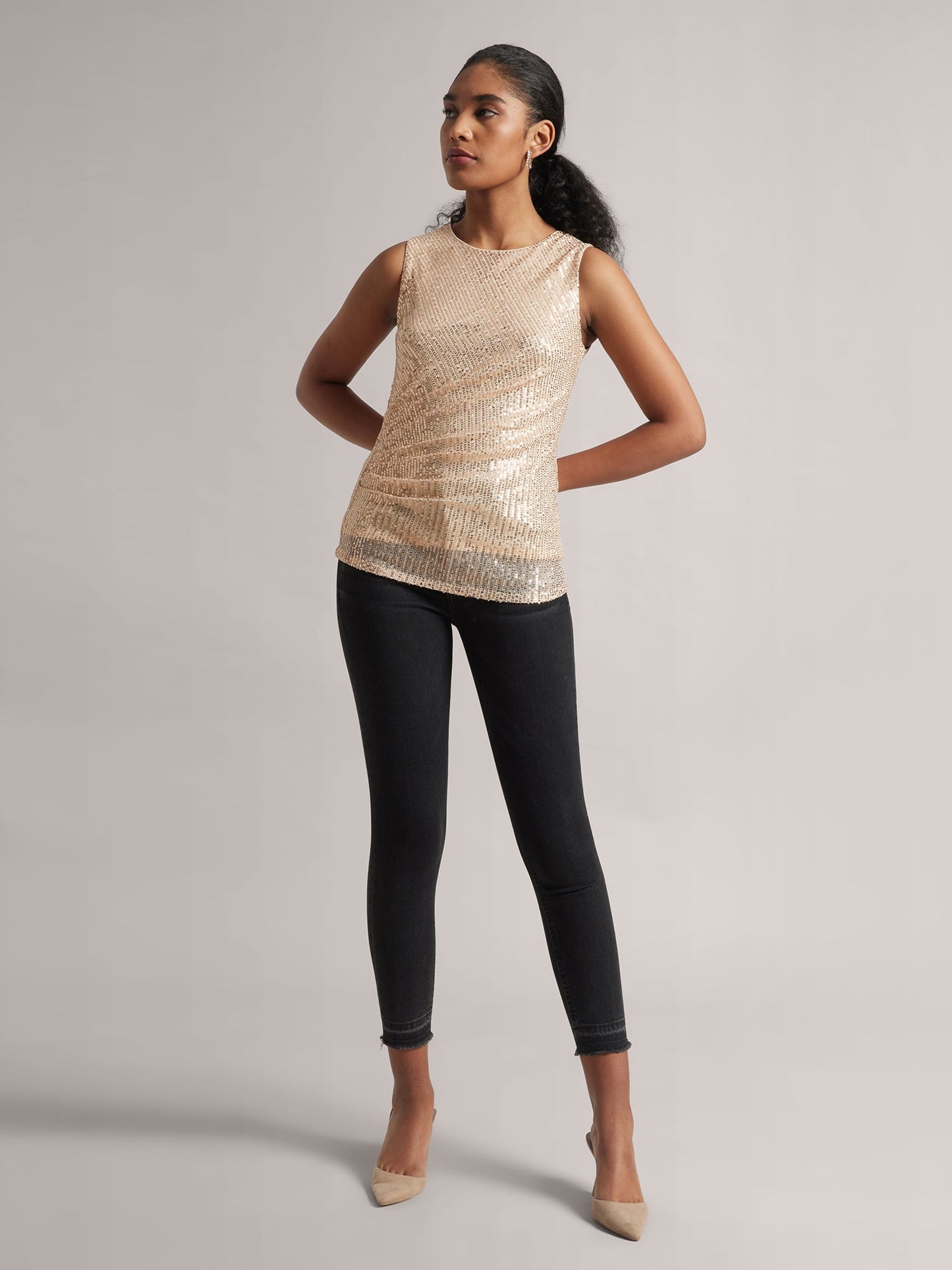 Champagne Poly Elastane Sequined Side Pleated Top