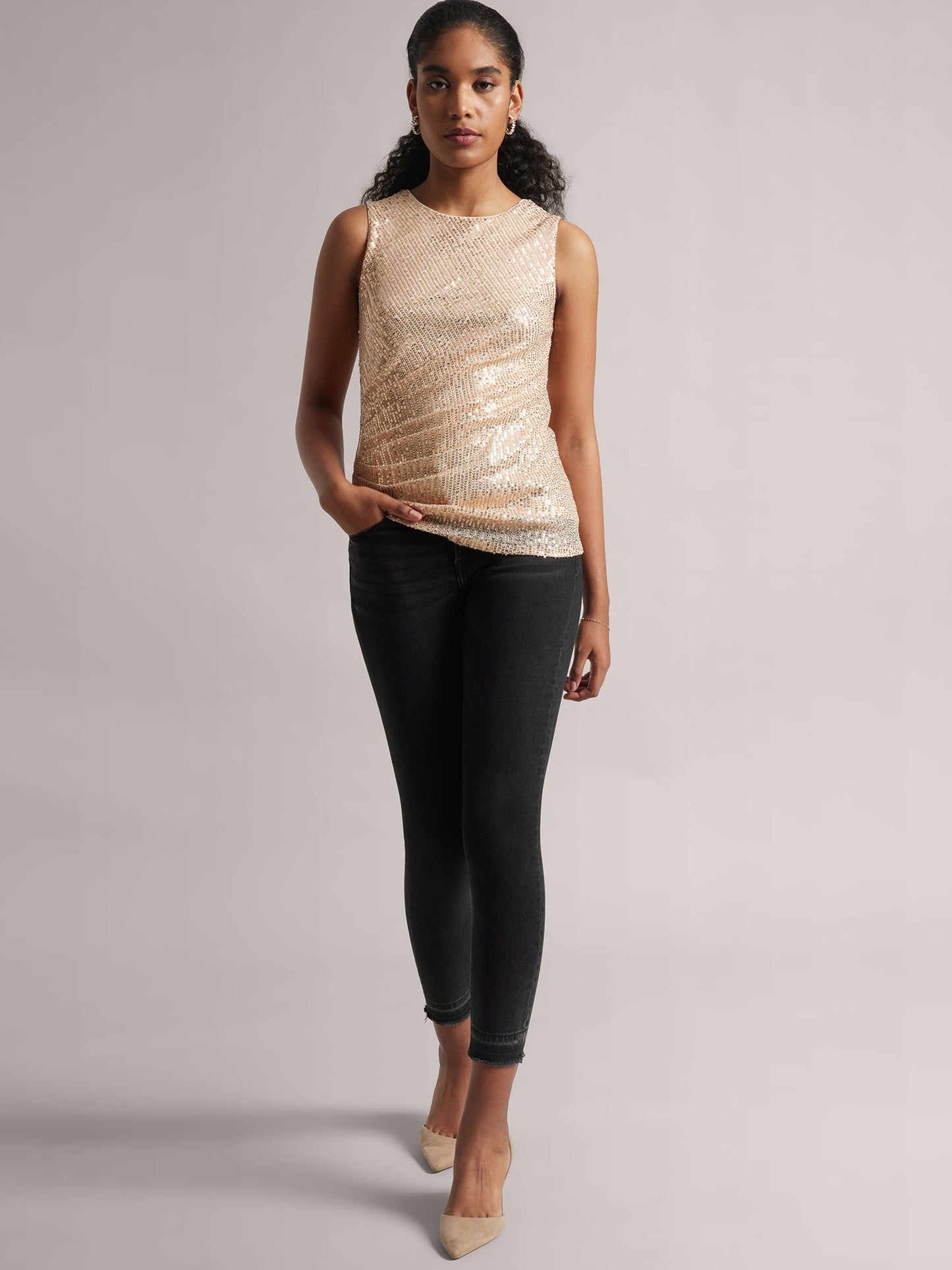 Champagne Poly Elastane Sequined Side Pleated Top