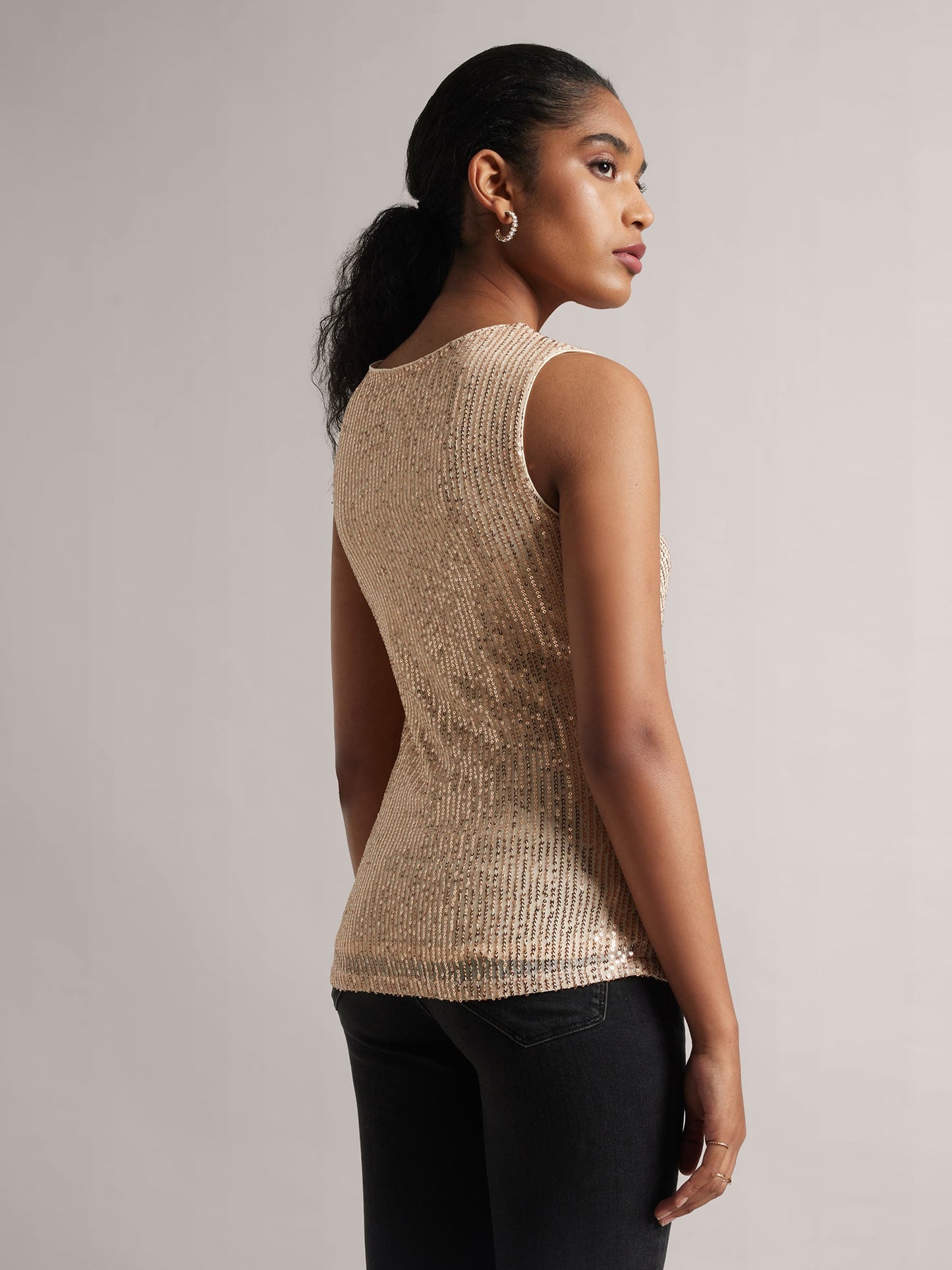 Champagne Poly Elastane Sequined Side Pleated Top