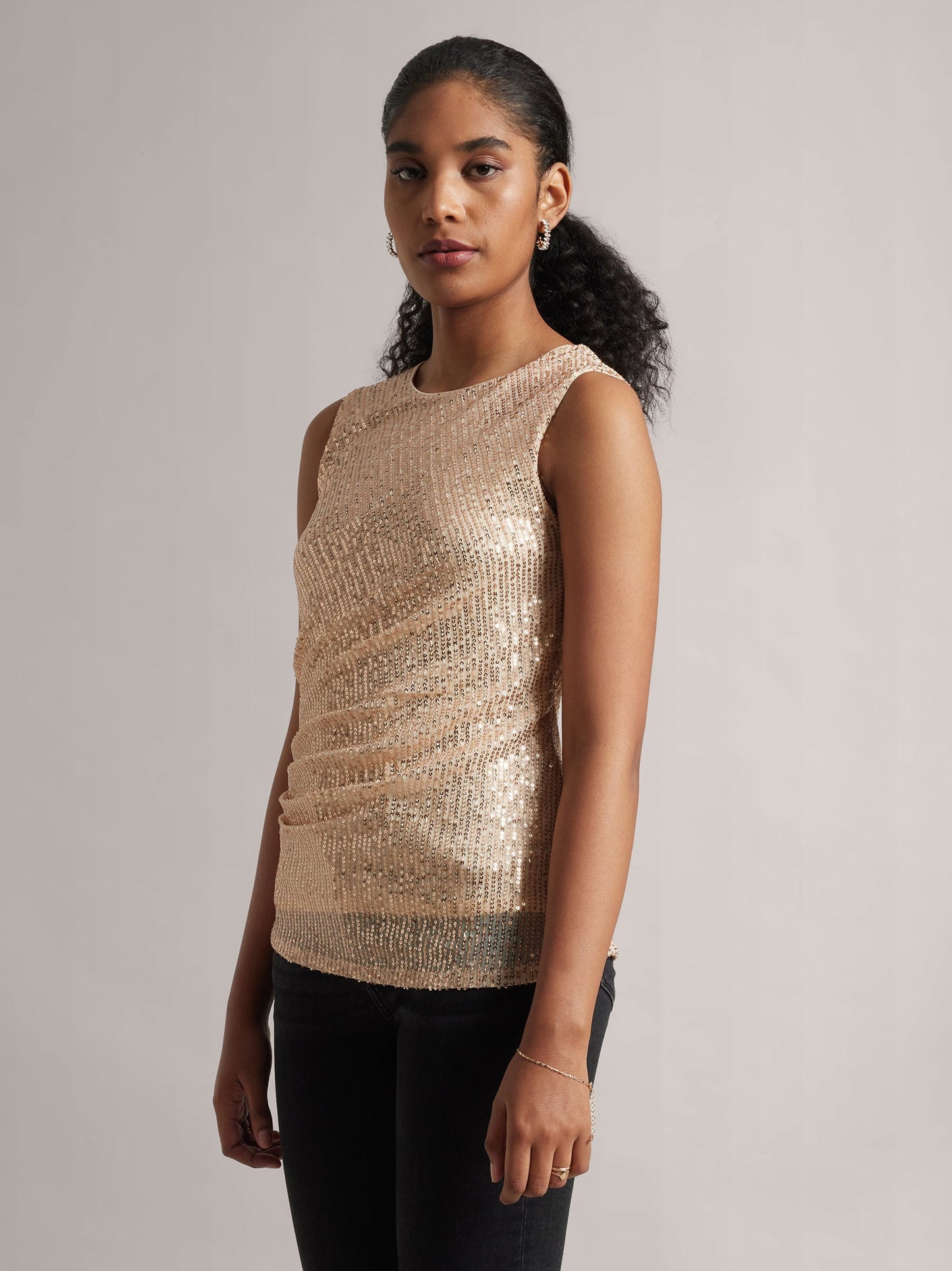 Champagne Poly Elastane Sequined Side Pleated Top