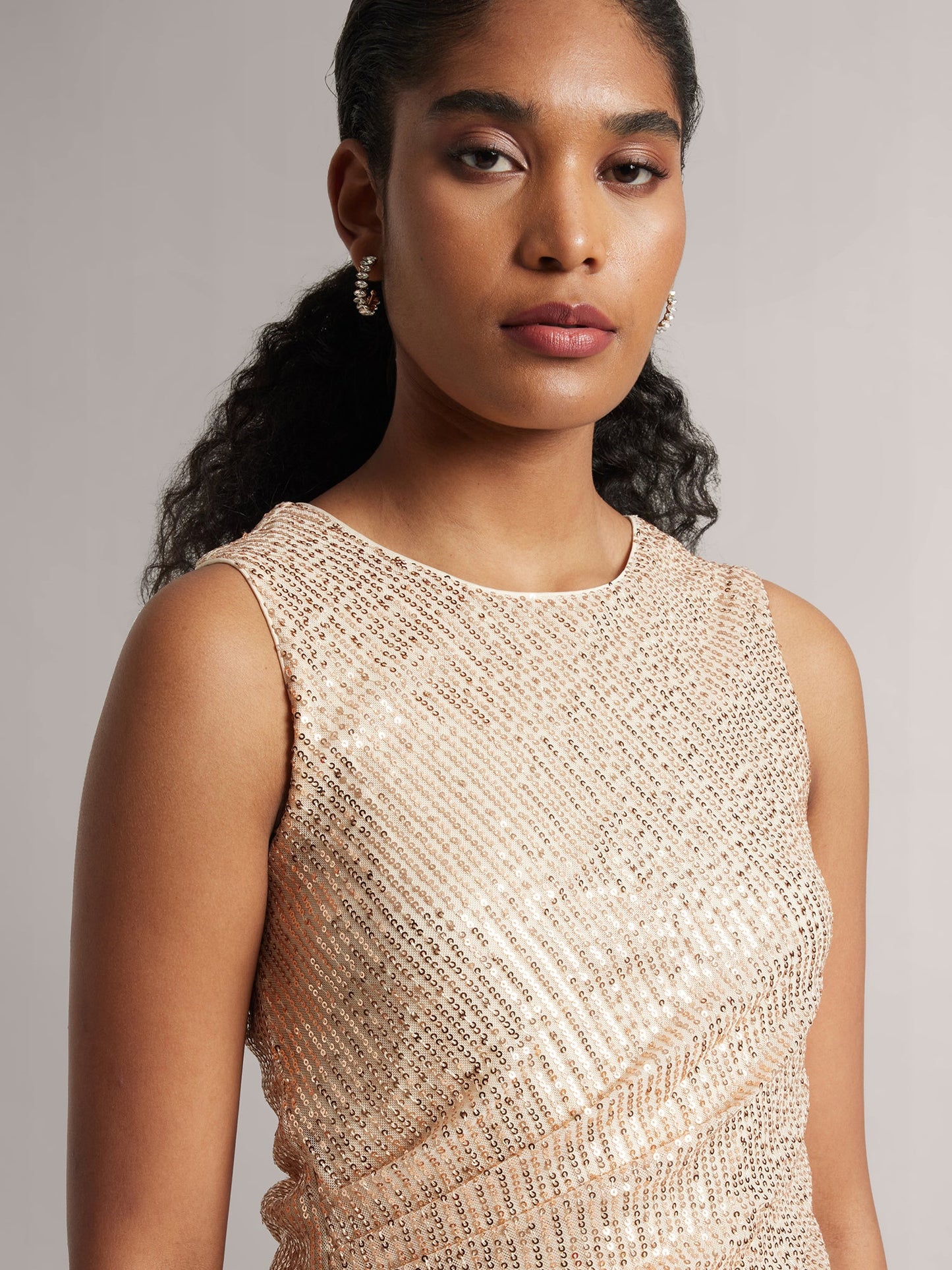 Champagne Poly Elastane Sequined Side Pleated Top