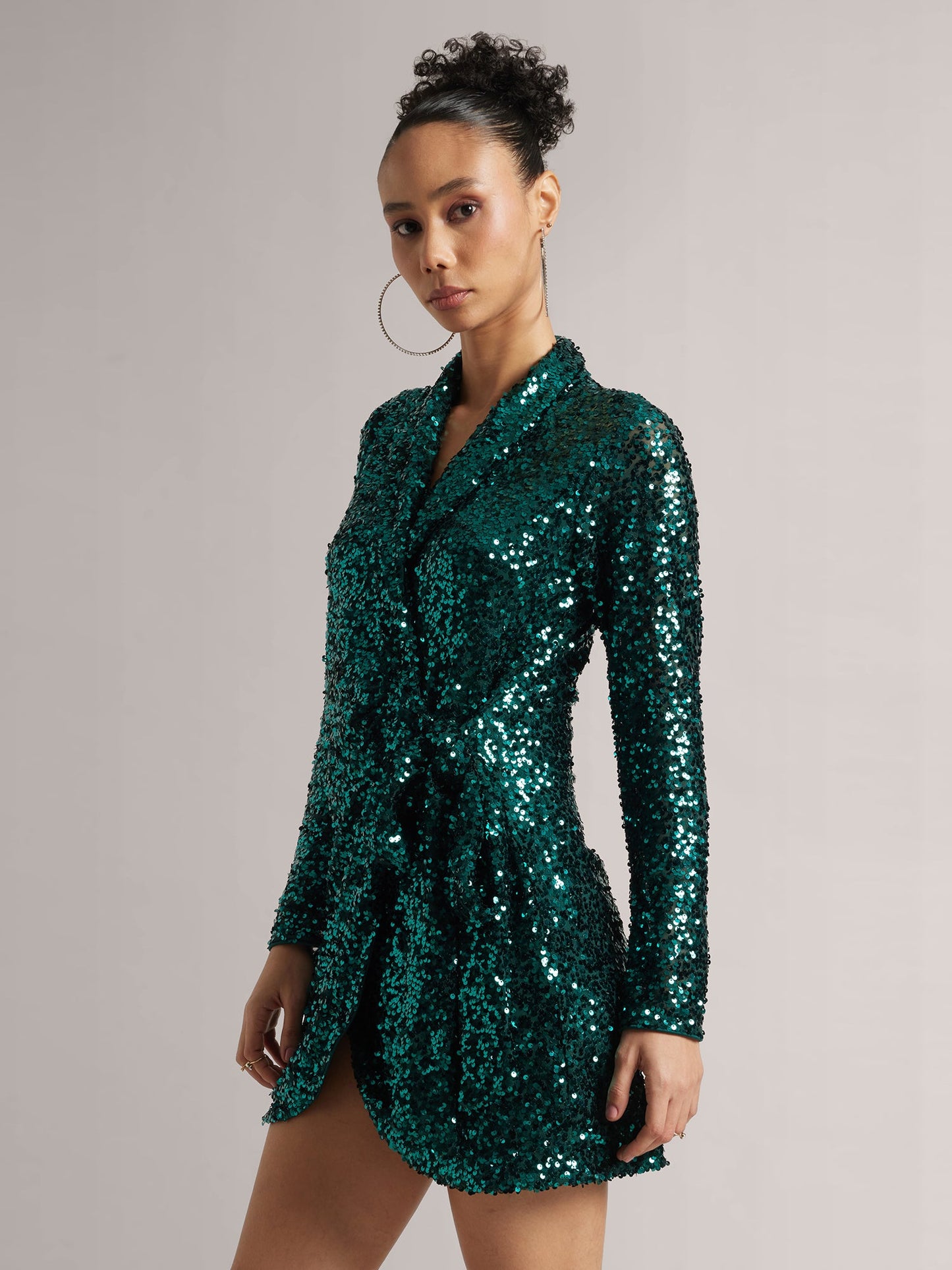 Green Poly Elastane Sequined Wrap Dress