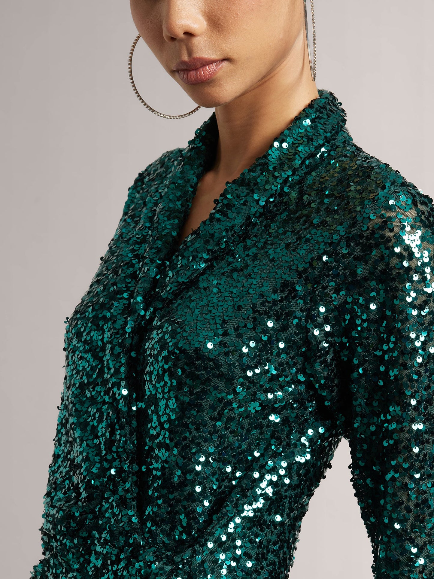 Green Poly Elastane Sequined Wrap Dress