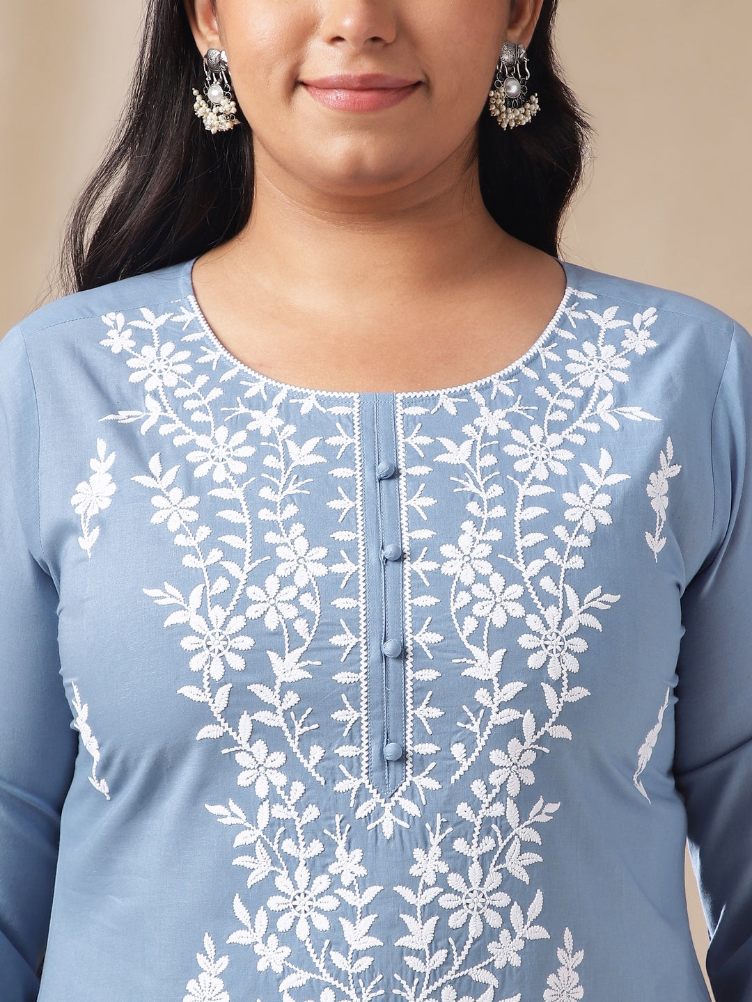 Plus Size Blue Cotton Chikankari Regular Tunic