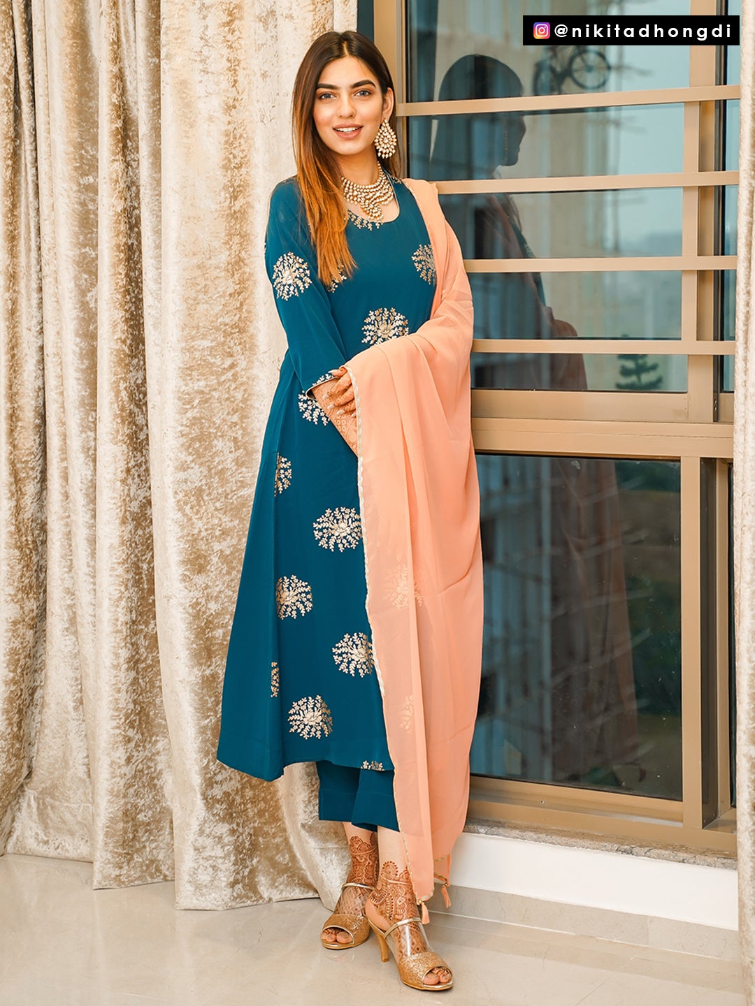 Teal Poly Crepe Gold Print Kurta with Pant and Dupatta Janasya