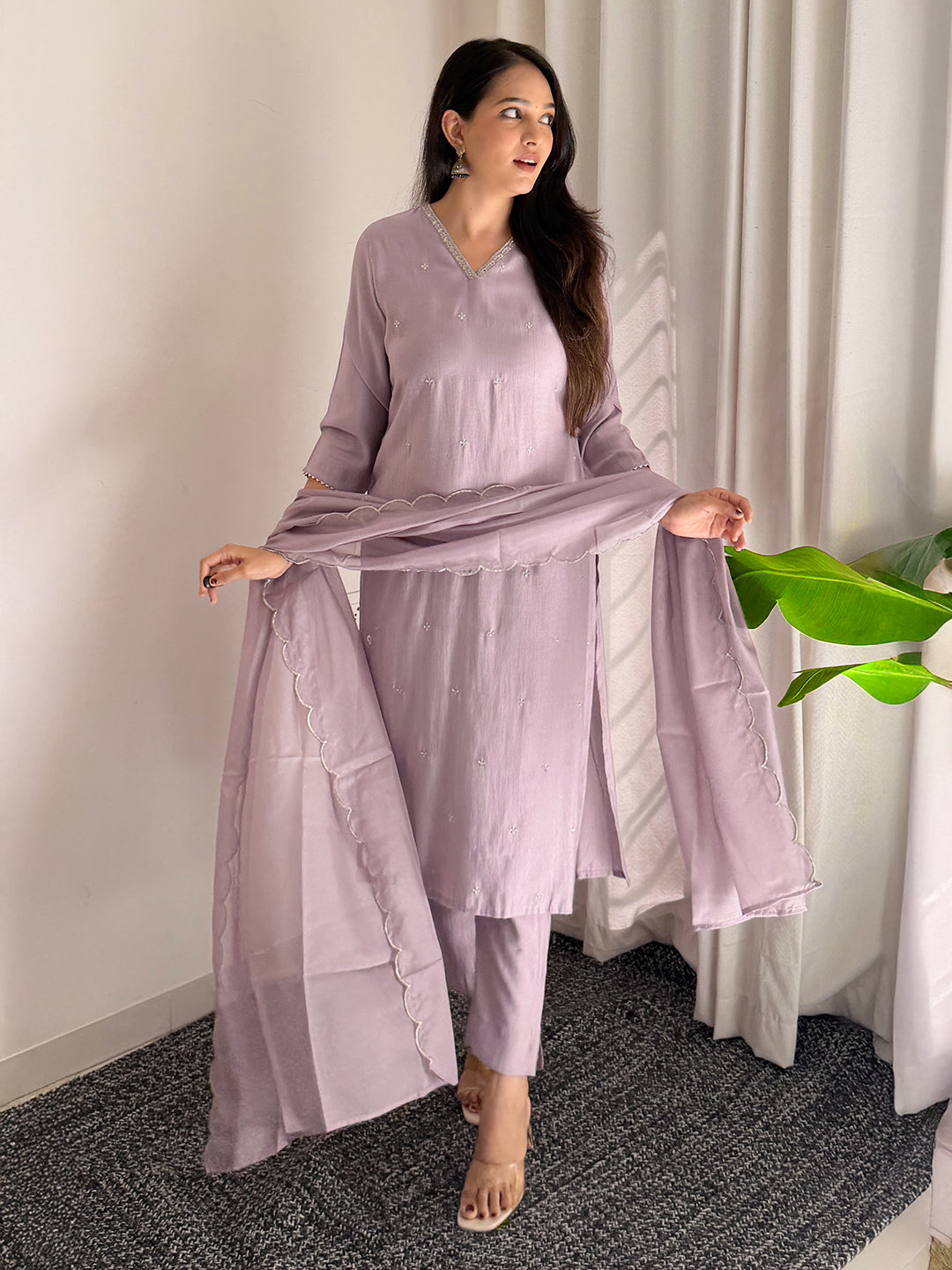 Women's Lavender Chinon Embellished Kurta with Pant and Dupatta