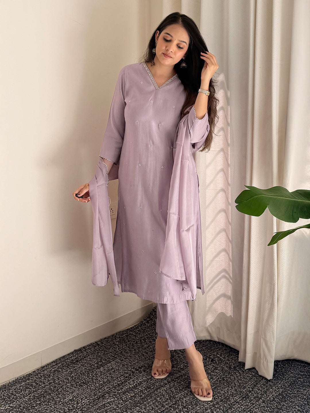 Women's Lavender Chinon Embellished Kurta with Pant and Dupatta