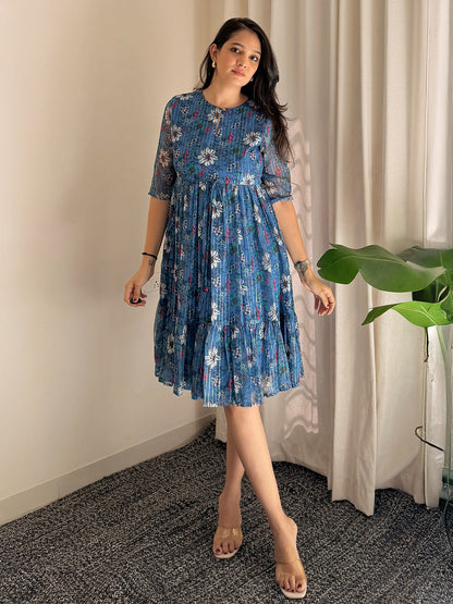 Janasya Women's Blue Poly Georgette Floral Flared Western Dress