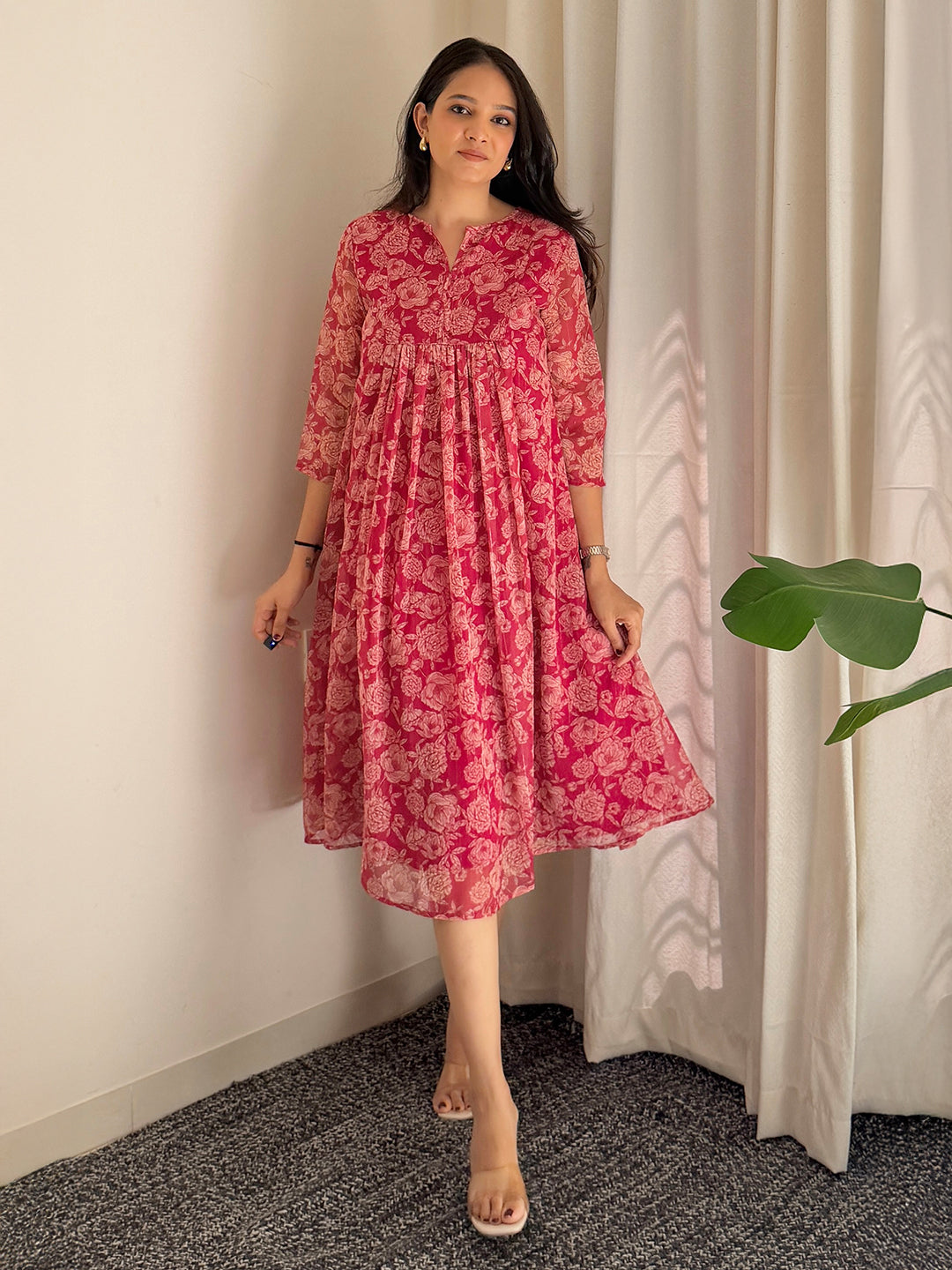 Janasya Women's Dark Pink Chiffon Lurex Floral Printed flared Kurta