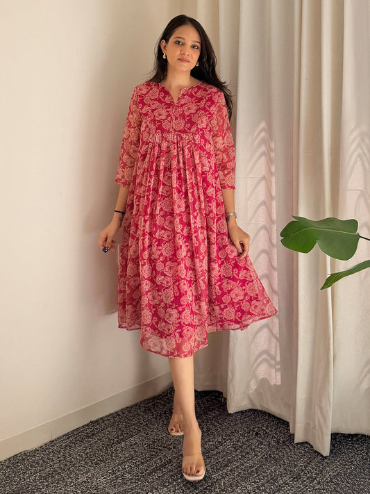 Janasya Women's Dark Pink Chiffon Lurex Floral Printed flared Kurta