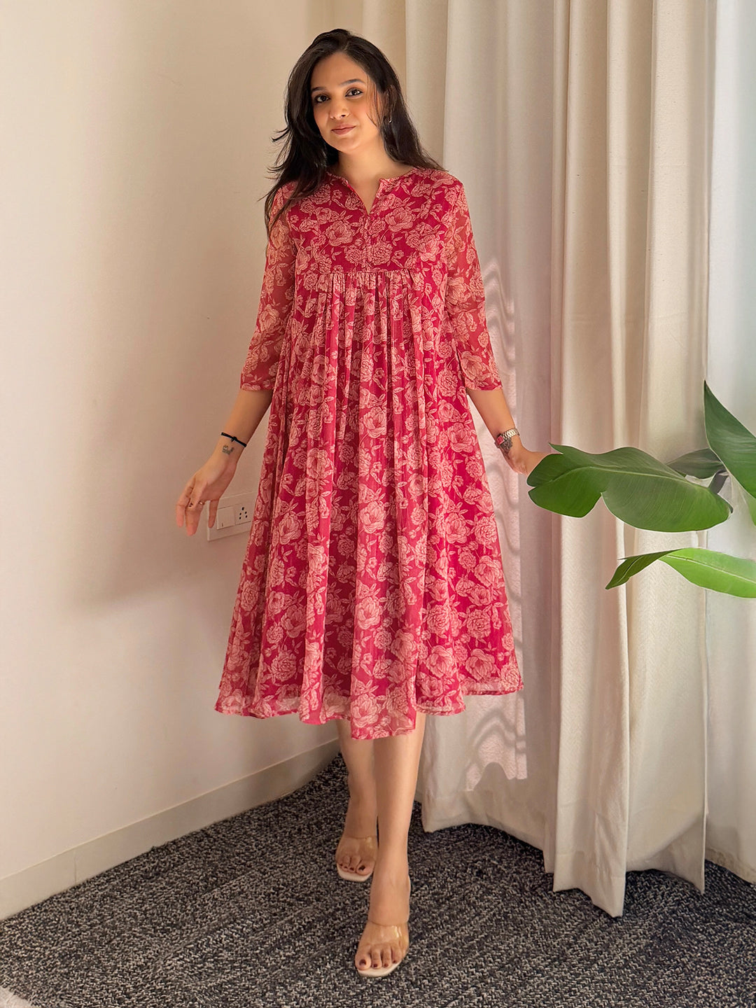 Janasya Women's Dark Pink Chiffon Lurex Floral Printed flared Kurta