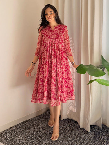 Janasya Women's Dark Pink Chiffon Lurex Floral Printed flared Kurta