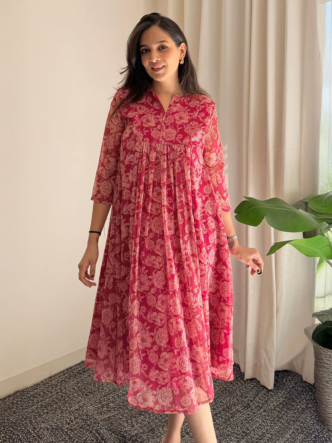 Janasya Women's Dark Pink Chiffon Lurex Floral Printed flared Kurta