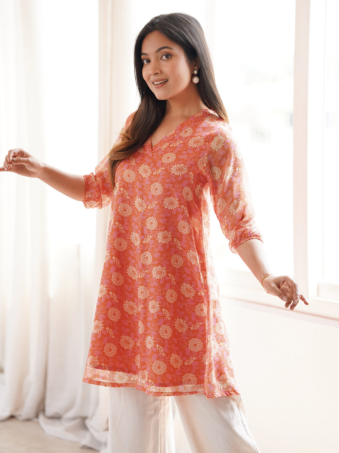 Orange Georgette Floral Tunic