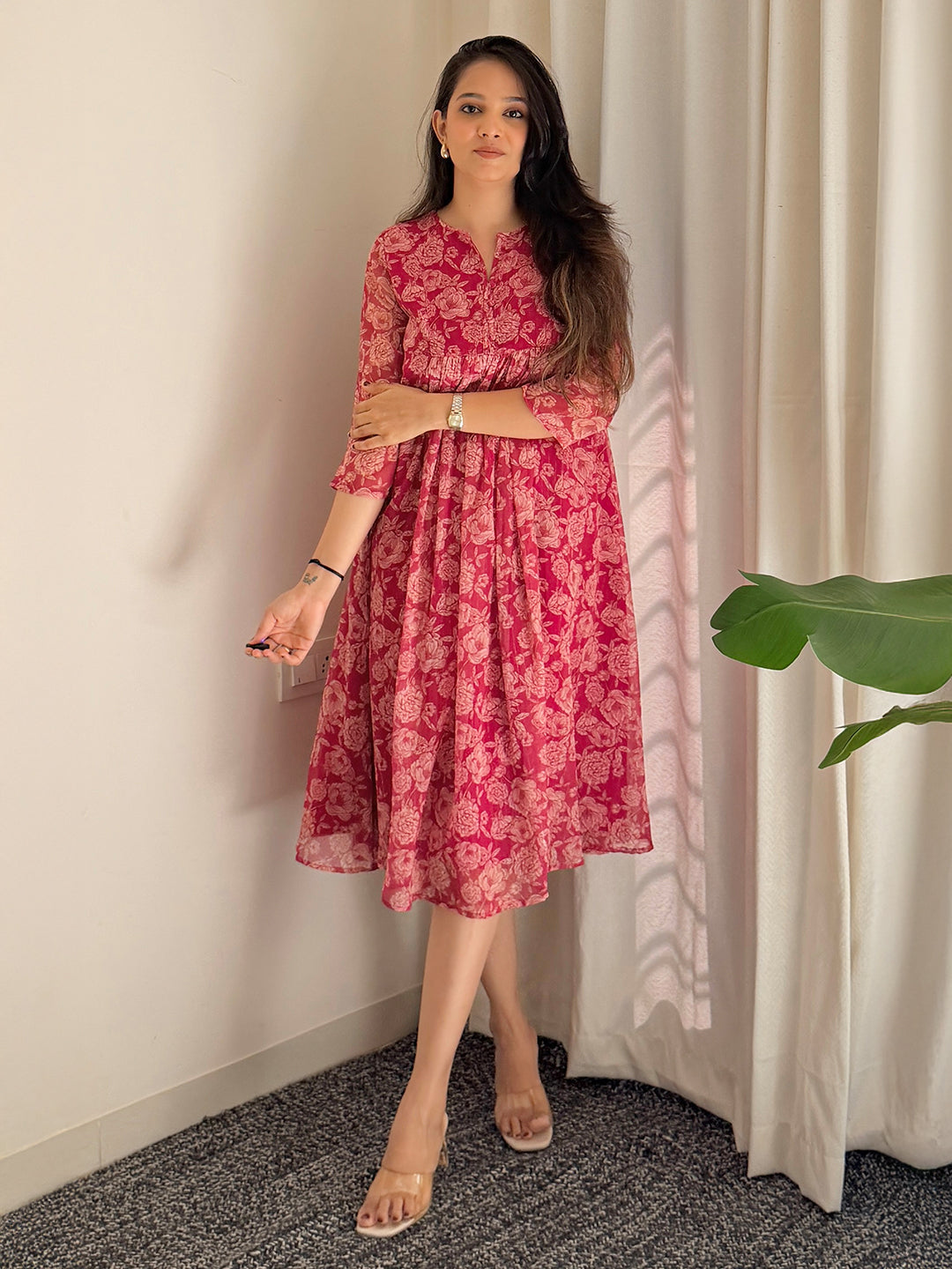 Janasya Women's Dark Pink Chiffon Lurex Floral Printed flared Kurta