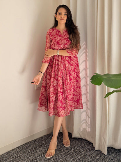 Janasya Women's Dark Pink Chiffon Lurex Floral Printed flared Kurta