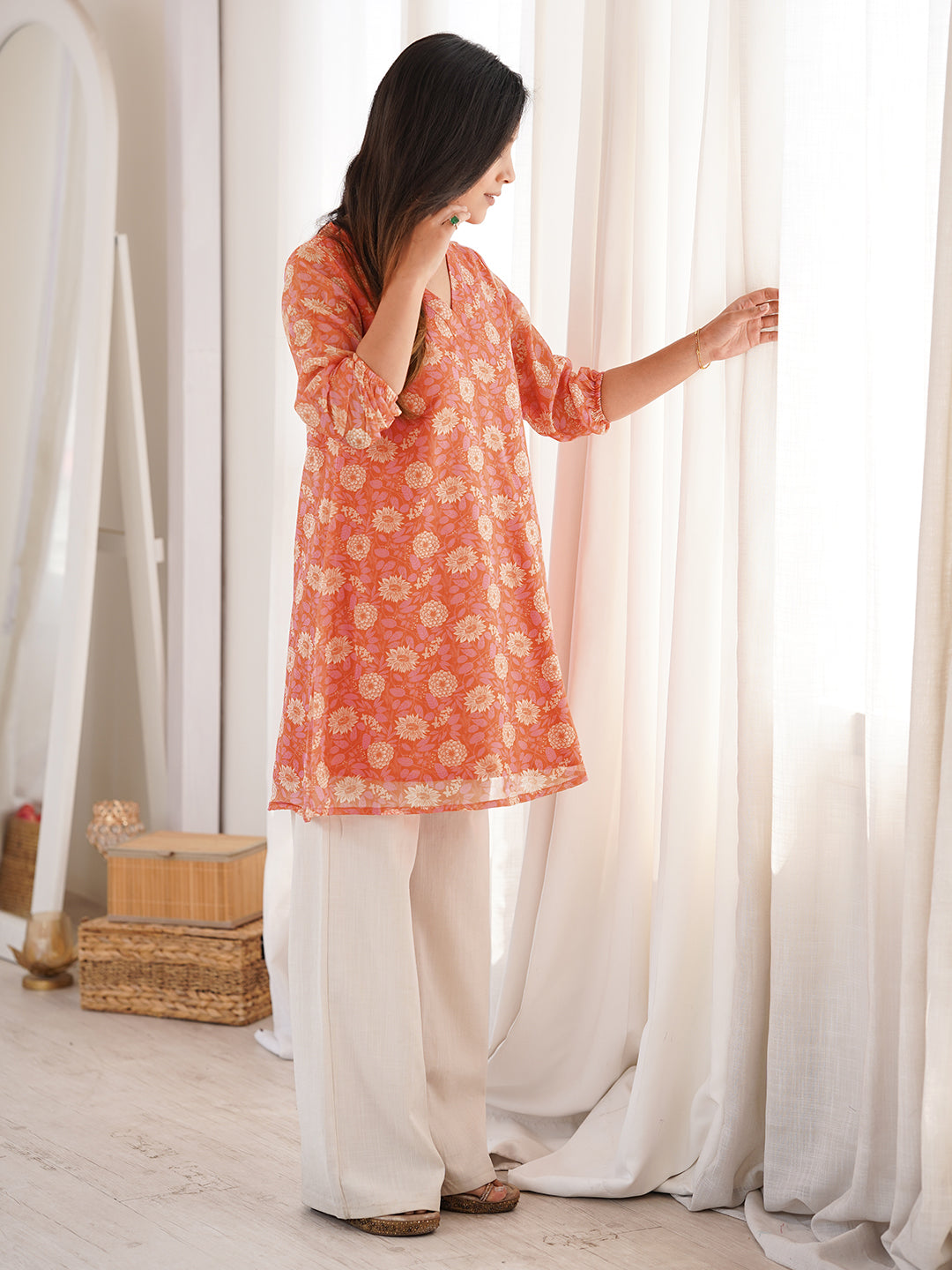 Orange Georgette Floral Tunic