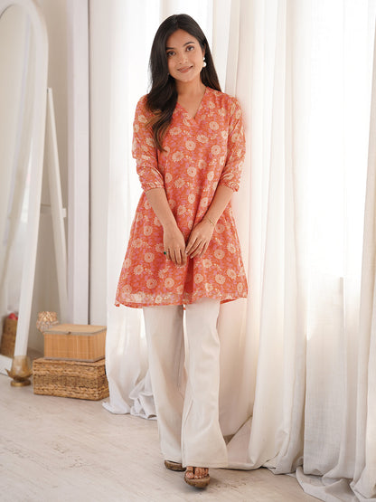 Orange Georgette Floral Tunic