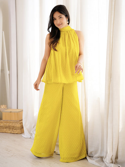 Yellow Dobby Chiffon Solid Co-ord Set