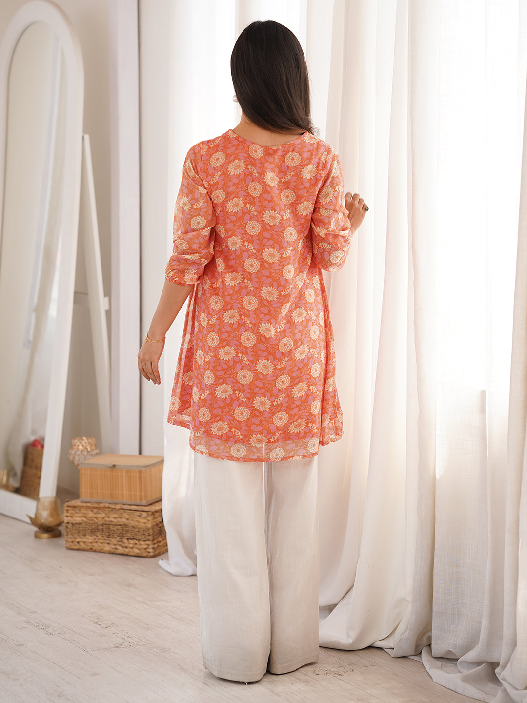 Orange Georgette Floral Tunic