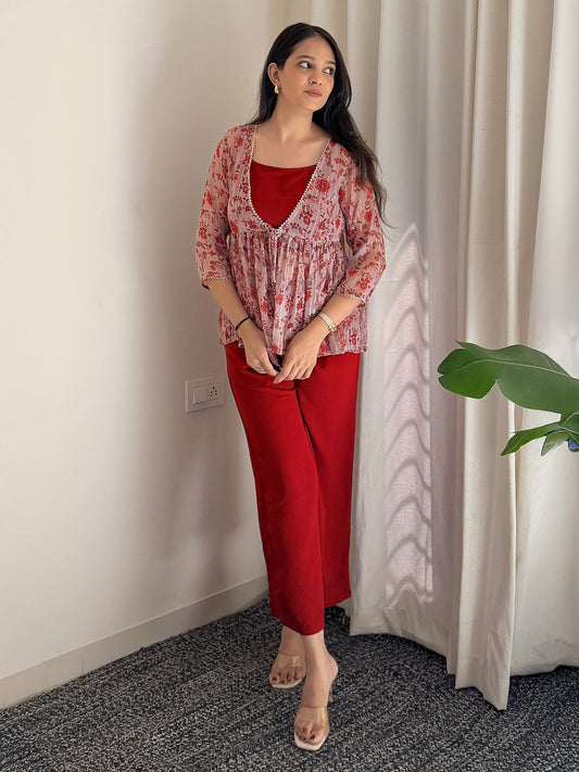 Wine Moss Solid Crop Top with Pant and Jacket