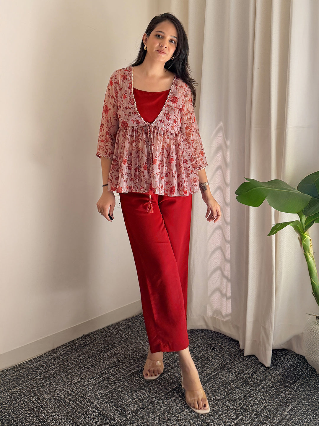 Wine Moss Solid Crop Top with Pant and Jacket