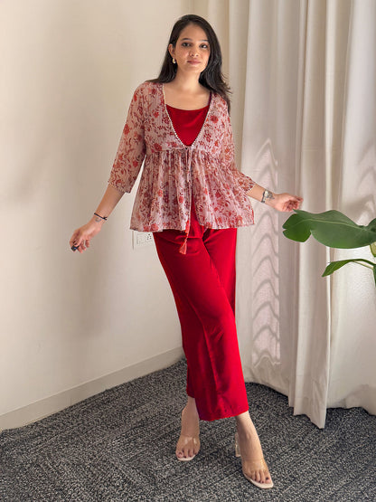 Wine Moss Solid Crop Top with Pant and Jacket