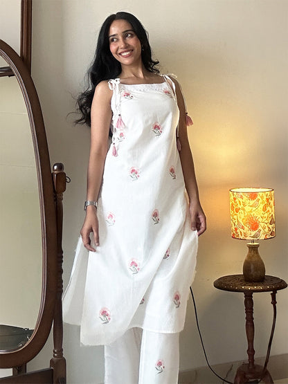 Janasya Women's White Pure Cotton Embroidered Straight Kurta With Pant Set