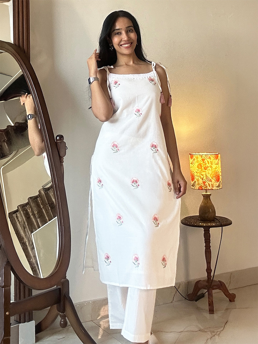 Janasya Women's White Pure Cotton Embroidered Straight Kurta With Pant Set