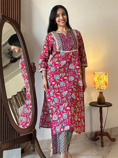 Janasya Women's Pink Pure Cotton Floral Printed Straight Kurta Pant Set