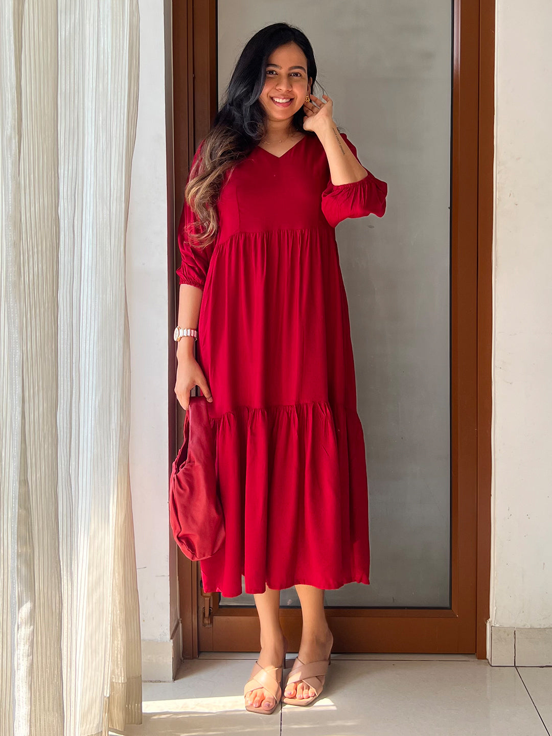 Red Rayon Solid Tiered Dress