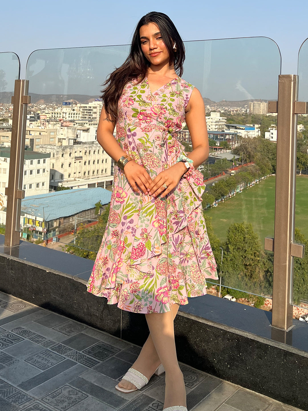 Pink Pure Cotton Floral Printed Tiered Dress