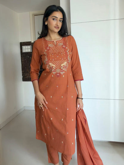 Janasya Women's Rust Linen Cotton Embroidered Straight Kurta Set