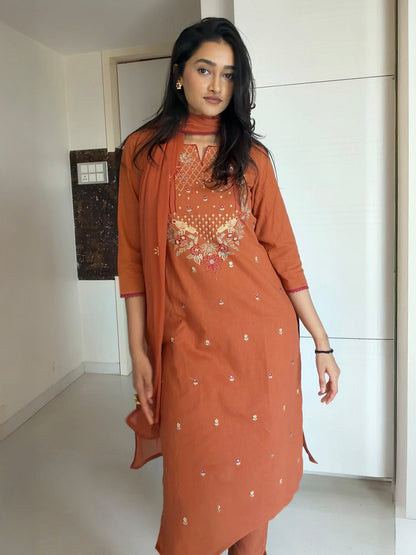 Janasya Women's Rust Linen Cotton Embroidered Straight Kurta Set